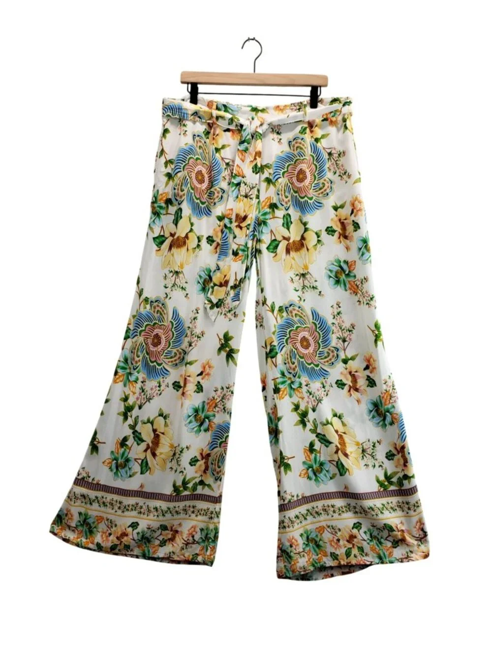Boho Pants Floral Wide Leg XL CATO Palazzo Scarf Belt Festival Garden Party